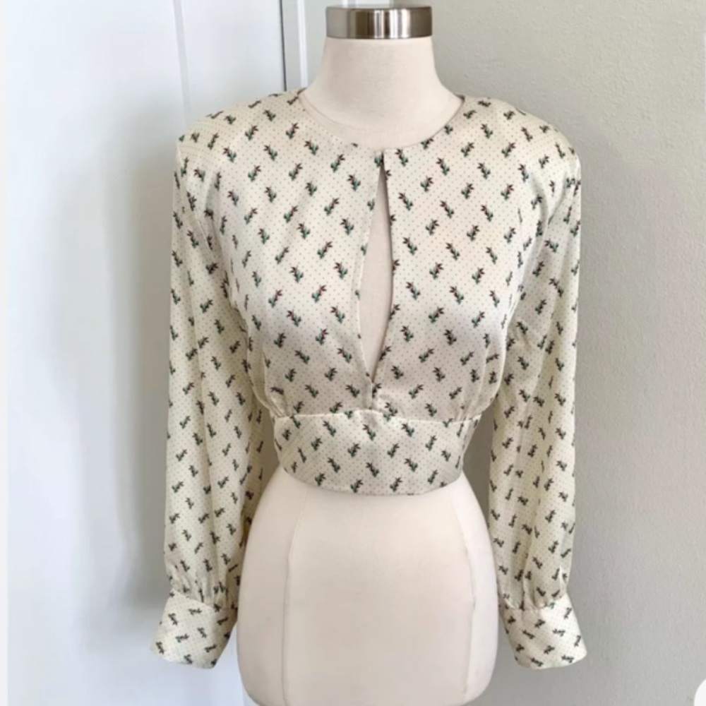 Zara Green Cream Fitted Button Down Crop Top - Picture 2 of 10
